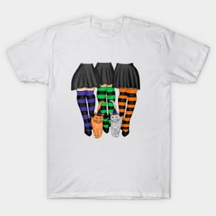 Three Witches Wearing Long Stripe Socks and Two Cats T-Shirt